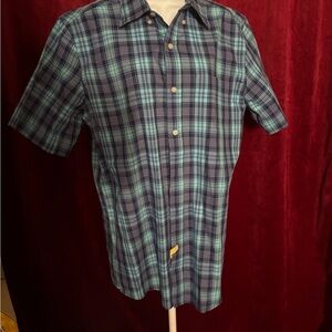 Saddlebred Blue and Teal Plaid Short-Sleeve Button-Down Shirt